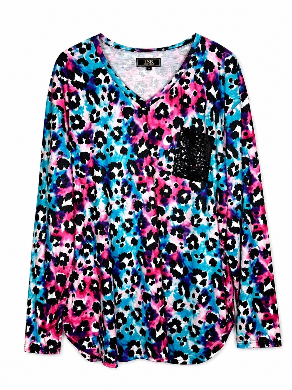 L&B Lucky & Blessed Plus Size 3X Leopard Print Sequin Pocket Long Sleeve Top